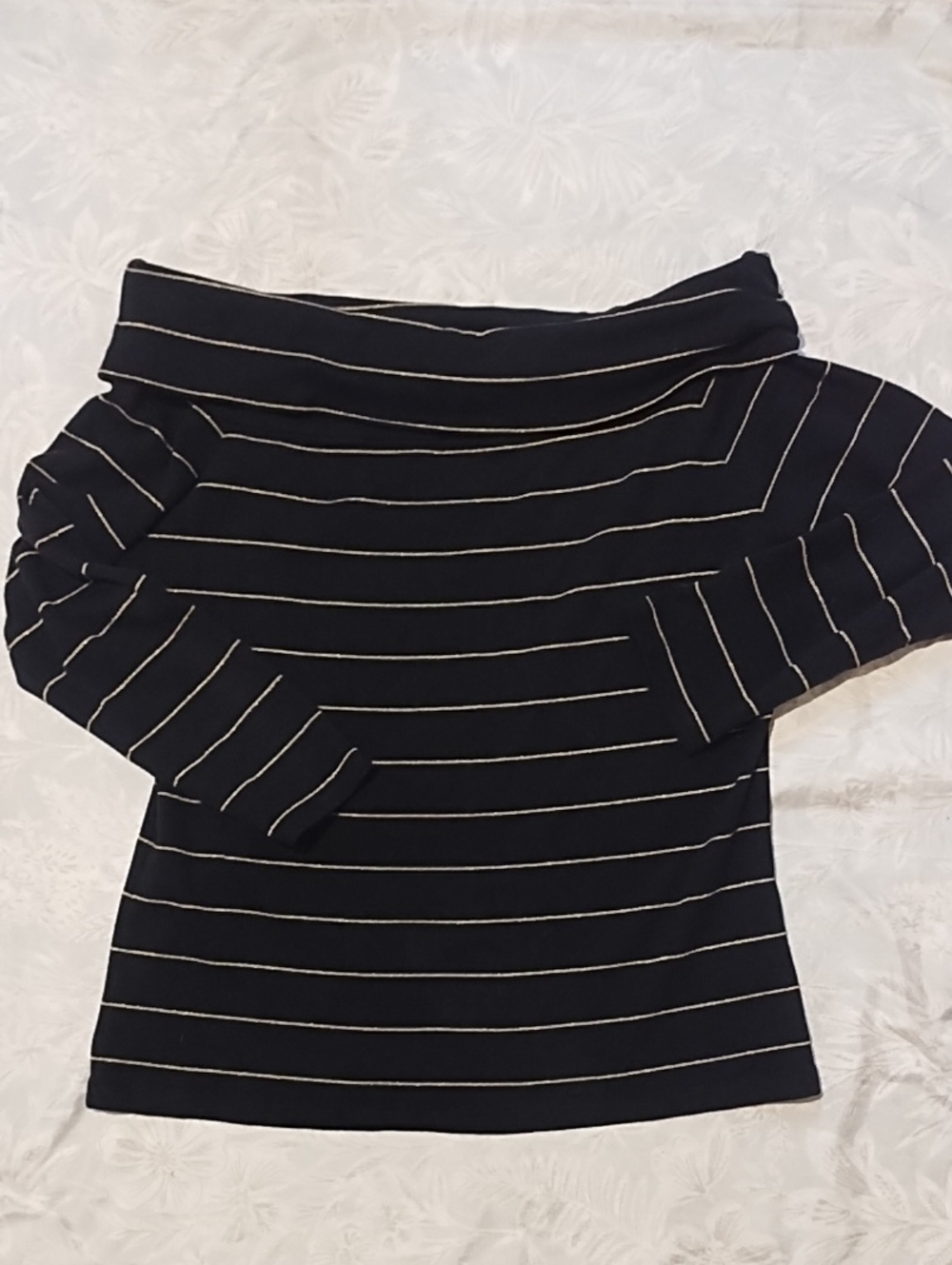 Lauren Ralph Lauren Black Striped Off-Shoulder Cowl Neck Sweater EUC Large.
